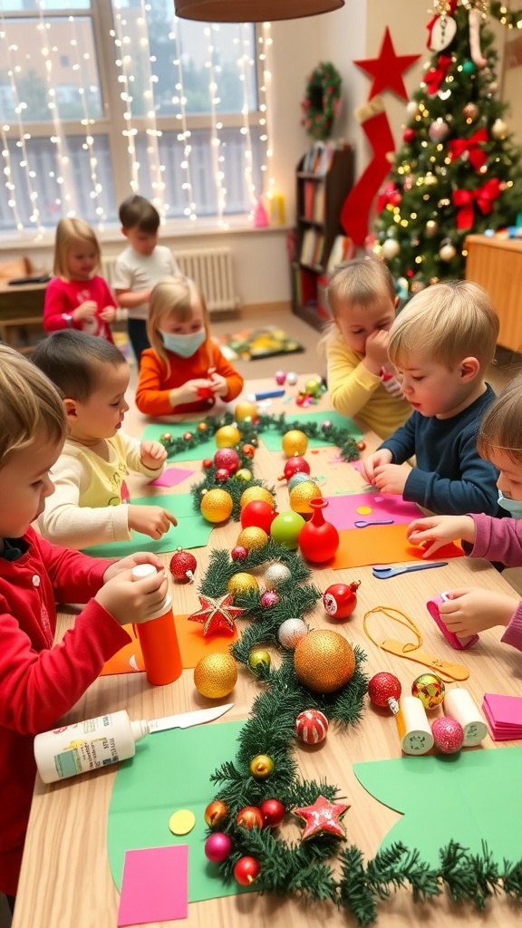 Toddlers crafting Christmas decorations with colorful paper and supplies.